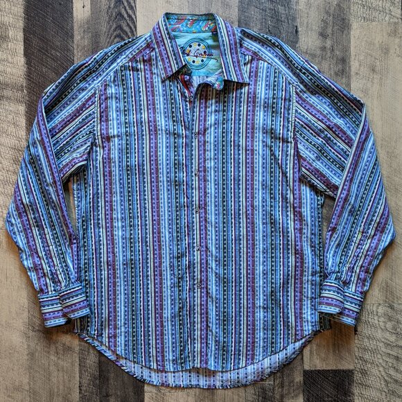 Robert Graham Stripe Shirt Green Blue Purple with Paisley Flip Cuffs - Picture 2 of 7